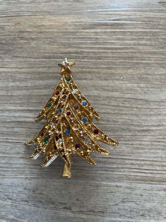 Unbranded Jewelry - Vintage Christmas Tree Brooch 1970s - Multicolor Rhinestones - Gold Tone - ,